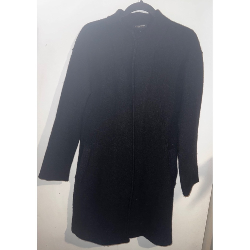 Eileen Fisher Petite Black 100% Wool Funnel Neck Snap Front Coat PS